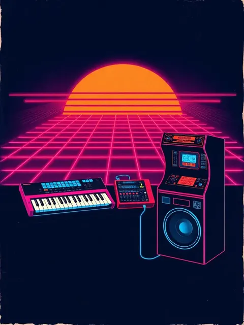 Neon & Synths — illustrated 1980s era clipping